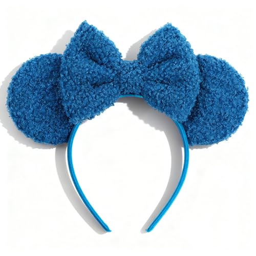 bianbaistar Fuzzy Fleece Headband for Women & Adults - Deep Blue Mouse Ears & Bow Headband Stretchy Lightweight Hair Hoop Comfortable for Daily Wear Parties & Carnivals