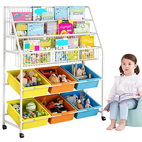 Hmieprs Large Bookshelf For Kids Toddlers 3 Tiers Metal Bookshelves Rack And 6 Toy Storage Boxes On Wheels, 2-In-1 Book And Toy Storage Organizer(Colorful Box) #TOP3