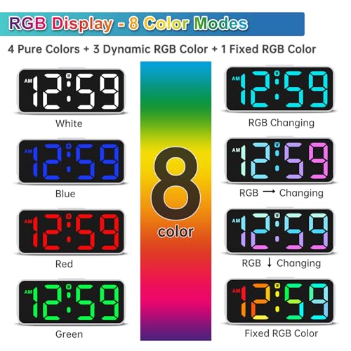 Image of Peakeep Tiny Small Digital Alarm Clock Plug in for Kids Bedroom Bedside Nightstand, 8 RGB Colors Large Display Dimmable 6 Brightness, Corded Electric Battery Backup (White - RGB)
