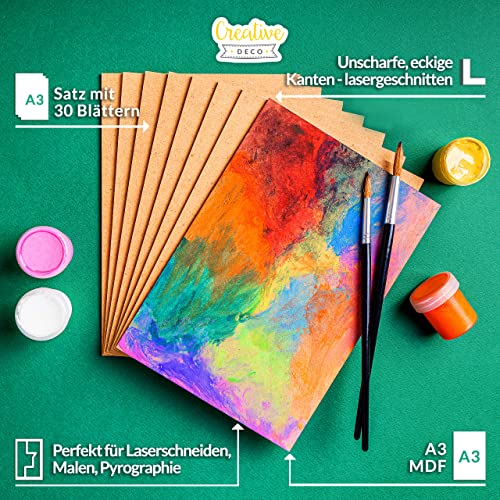 Creative Deco 30 x A3 MDF Platten | 420 x 300 x 3 mm | Dünne Holz-platten | Perfekt für Laser, CNC Router, Modellierung, Durchbrochenes, Laubsäge