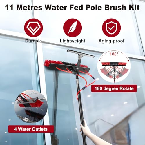 Kit de Limpieza con pértiga de Agua – Cepillo de Aluminio de 15 m con dispensador de jabón, rasqueta y Manguera de 20 m – Ideal para Lavar Paneles solares y Limpiar Exteriores.