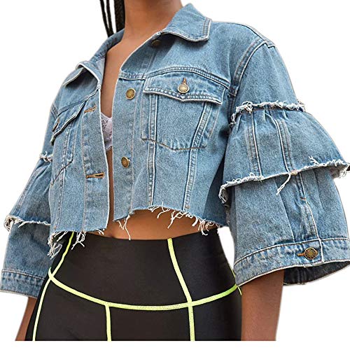 Women's Boyfriend Denim Jacket Long Sleeve Loose Jean Jacket Coats Demin Blue XL