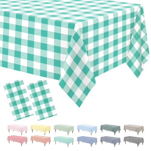 Kopokita 2 Pack Teal Gingham Tablecloth Disposable 54 x 108 Inch