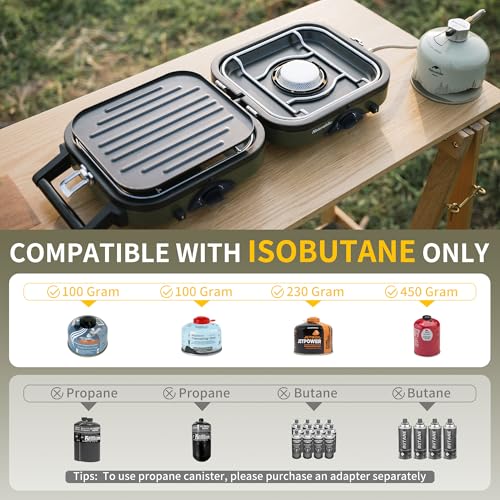 Naturehike Outdoor Camping Gas Stove Foldable 2 in 1 Burner with Grill Plate Portable Camping Gas Stove 2 Adjustable Burners Piezo Ignition Compatible with Isobutane Fuel Mix - Image 2