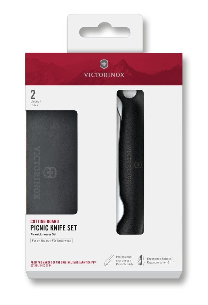 Victorinox Swiss Classic składany nóż piknikowy i deska do krojenia, do owoców, warzyw, bułek, ząbkowane cięcie, bardzo ostry, czarny