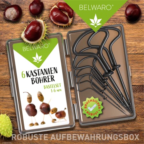 Belwaro® Kastanienbohrer, 6-teiliges Set NEU* mit Aufbewahrungsbox, gehärteten Spitzen - 1-6 mm Kastanienbohrer Kinder, Handbohrer Kinder, Handbohrer Holz, Kastanien Bastelset