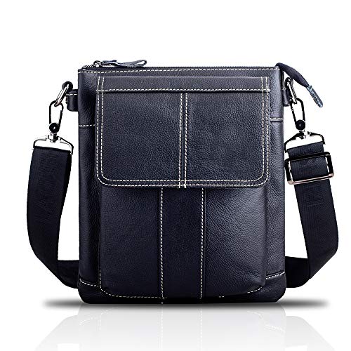 MANNUOSI Herren Schultertaschen Geschäft Erste Schicht Rindsleder Beiläufig Crossbody Tasche DE470 Schwarz