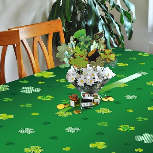 Image of 3 Pack 54 x 108 Inch St. Patrick's Day Plastic Tablecloth - Green with Assorted Shamrock Designs, Disposable Irish-Themed Clover Rectangle Table Cloth for Indoor Outdoor Table Cover Decorations
