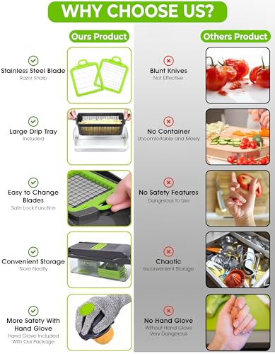 Dadajipo 18-in-1 Vegetable Chopper, Multifunctional Mandoline Slicer with 7 Stainless Steel Blades, Food Cutter with Peeler,Cleaning Brush,Mitten,Black & Green, Perfect for Cutting Vegetables & Fruits - Image 4