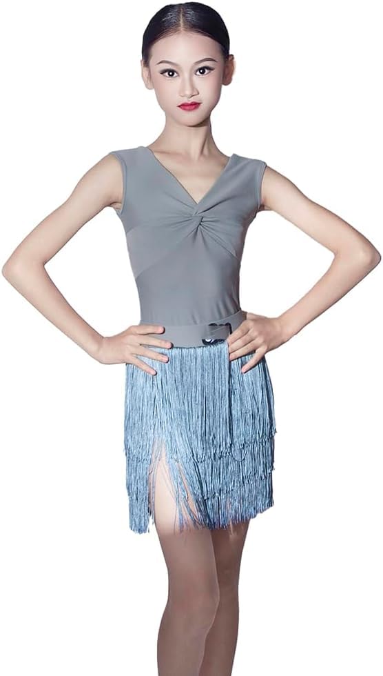DgtZyrih Vestido de Baile Latino para niñas con Flecos, Traje de actuación en el Escenario con Cuello en V, Ropa de Baile para salón de Baile, Falda de práctica de Salsa y Tango, para niños,Gris,170