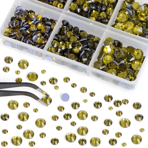 Image of Bymitel Hotfix Crystal Rhinestones Round Gems for Crafts,Mixed 6 Sizes with Wax Pencil Kit, Olivine 1.6-6.3mm SS4-SS30 /8000pcs