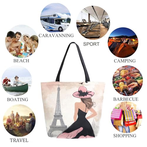 Fashion Holidays Woman Eiffel Tower Extra Large Canvas Gym Shoulder Tote,Durable Daily Reusable Top Handle Bag for Mens Womens Yoga Weekender Picnic Beach Travel Market Shopping4