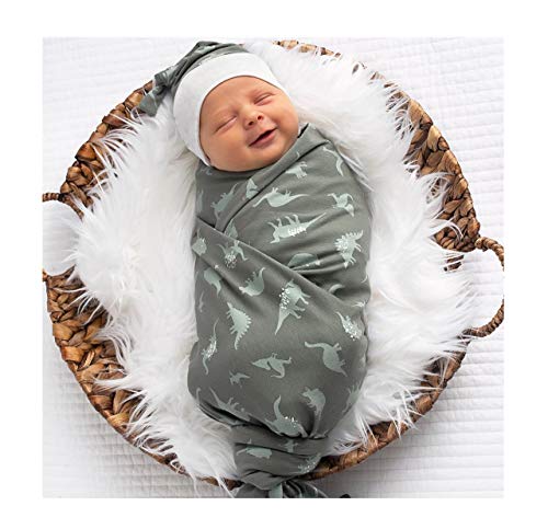 Image of Giggle Angel Baby Boy Receiving Blanket Swaddle Blanket Newborn Wrap Sack Headband Set -Dinosaur Pattern (Green)