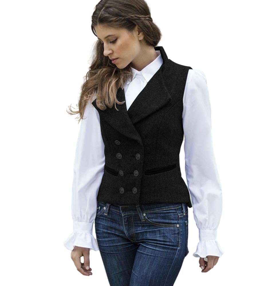 CAMDOM Gilet da donna vintage anni '50, in tweed, slim fit, con scollo a V, doppiopetto, con tasche, senza maniche, giacche