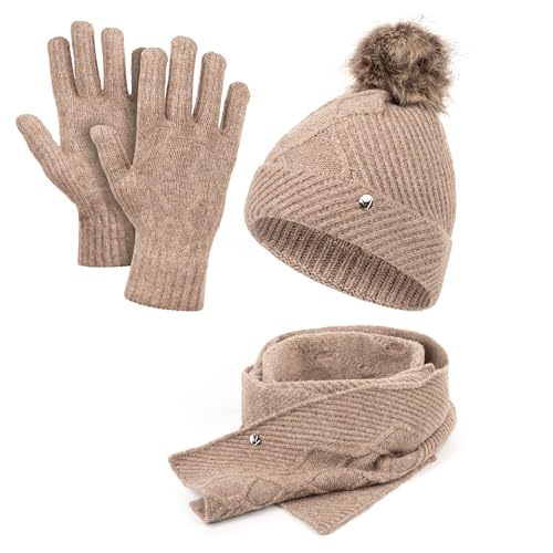 HEYO Damen Mütze Schal Handschuhe, Winter-Accessoires Set, Strickmütze mit Bommel HZ0012 (Beige)