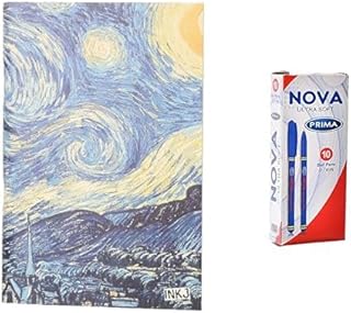 مجموعة أدوات مكتبية: دفتر رسم ستاري نايت مقاس A5 + قلم حبر جاف بلون أزرق من بريما، عبوة من 10 قطع