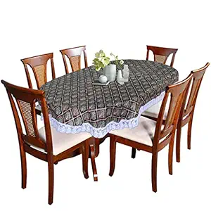 Kuber Industries Leaf Printed Oval Shape PVC Spillproof, Waterproof, Antislip, Wipe Clean 6 Seater Table Cover with White Lace Border, 60