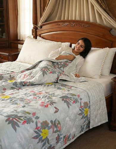 Image of Summer Blanket 100% Cotton Reversible Ac Comforter and Cooling | Classic Printed Design | Quilt | Dohar Single /Double Bed Quilt Ideal for Gifting (Gray, Single)