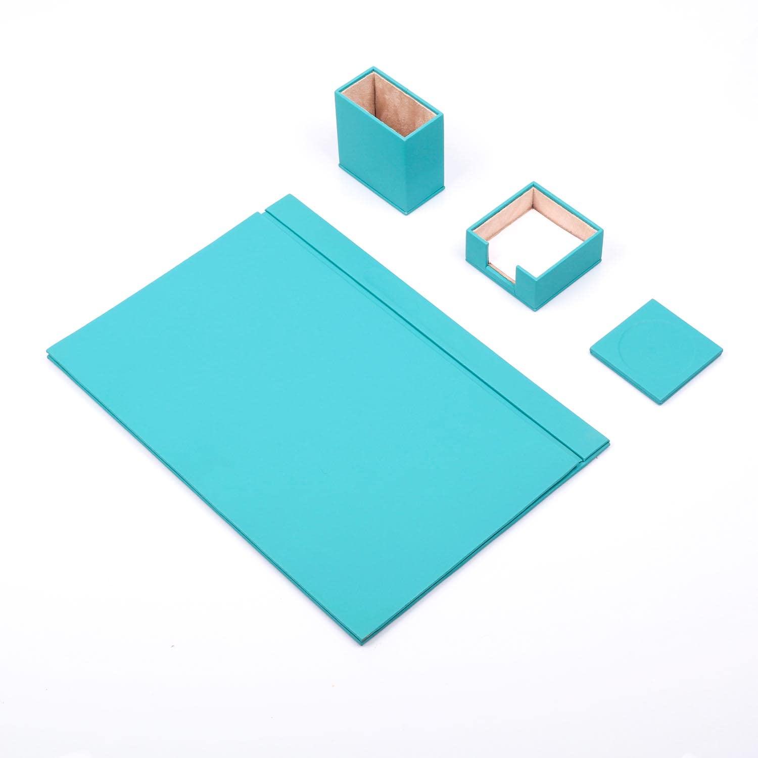Schreibtisch-Set aus Leder – Schreibtischunterlage – Notizpapierhalter – Stifthalter – Lederuntersetzer – 4 Zubehörteile – Schreibtisch-Organizer – 4 Stück (Turquoise)