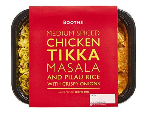Booths Premium Medium Spiced Chicken Tikka Masala and Pilau Rice with Crispy Onions 400g