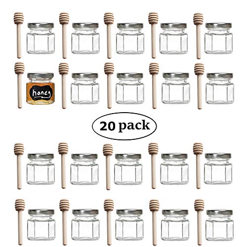 1.5 oz Hexagon Mini Glass Honey Jars with Wood Dipper, Silver Lid, 20