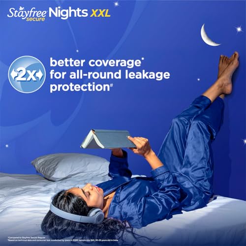 Image of Stayfree Secure Night Ultra Comfort Sanitary Pads - XXL Wings, 18 Pads (Pack of 2) | Overnight Protection | Leak-Lock Technology