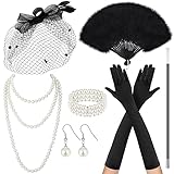 Xaatren Tea Party Costume Accessories Set Black Funeral Hat with Veil Fan and Satin Gloves for Halloween Women Costume(Black)