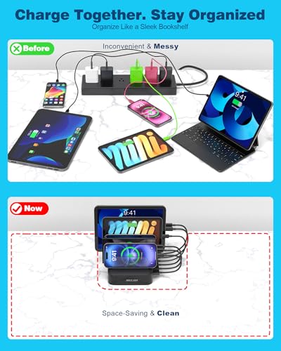 Image of MSTJRY Charging Station for Multiple Devices : 5 Port Multi USB-A Charger Stations Multi-Device Organizer Charging Dock Designed for iPhone iPad Cell Phone Tablets (7 Short Cables Included), Black