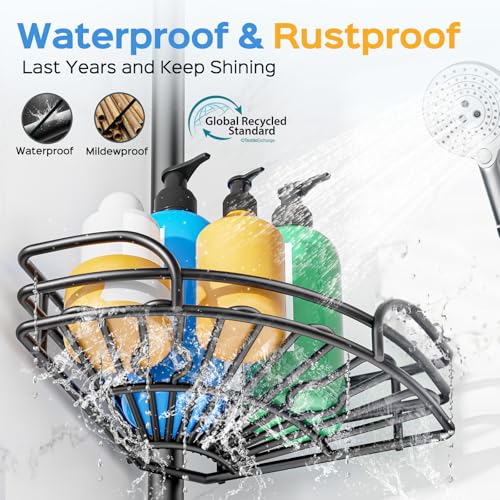 Image of HAMITOR Corner Shower Caddy Tension Pole, Adjustable No-Drill Widen Shelves