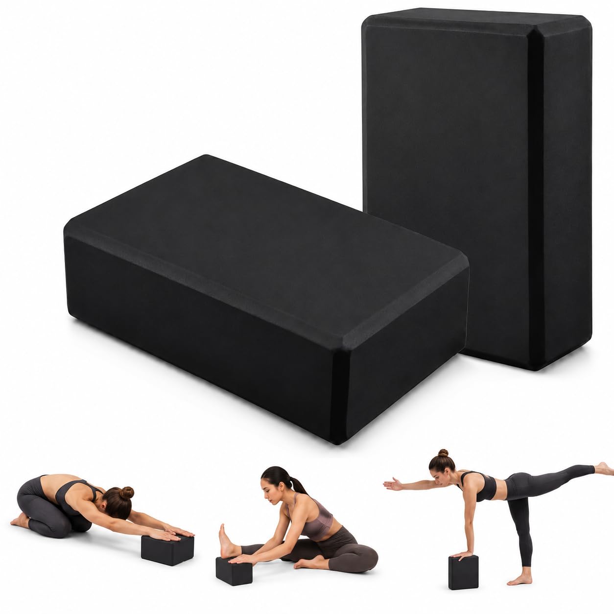 Yoga Blocks 2Pcs Gym Bricks, Non Slip Pilates Blocks Lightweight EVA Foam for Stretching, Balance, Flexibility, Meditation, Exercise Training & Home Gym, Yoga Accessories for Women & Men (Black)