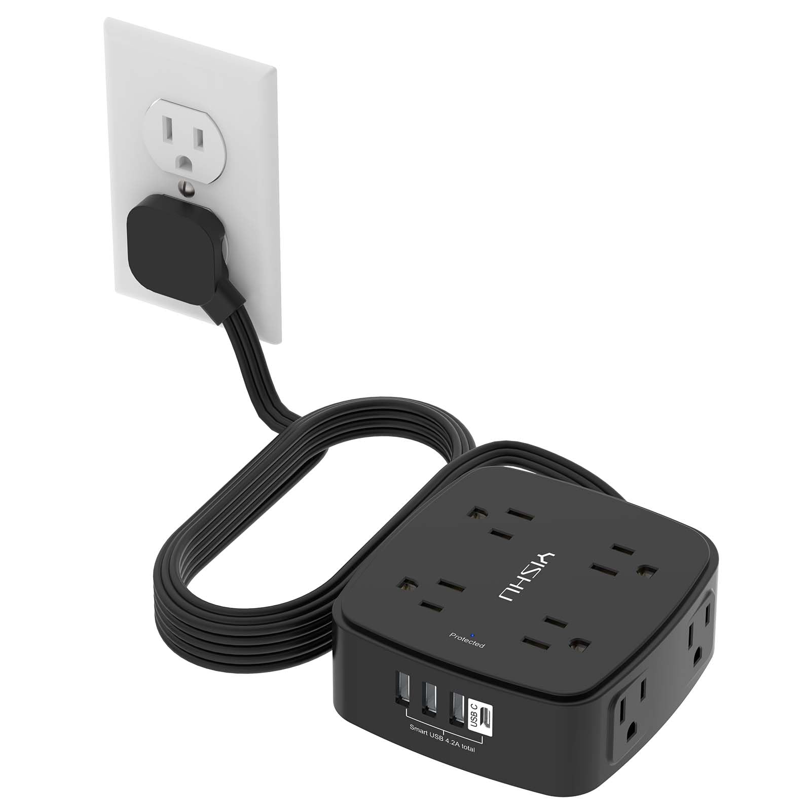 10 Ft Surge Protector Power Strip - YISHU 8 Widely Outlets with 4 USB Ports, 3 Side Outlet Extender with 10 Feet Flat Extension Cord, Ultra Flat Plug, Wall Mount, Desk USB Charging Station, ETL, Black