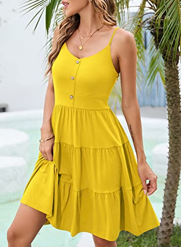 Image of YATHON Sundresses for Women Casual Summer Beach Sleeveless Spaghetti Strap Dress Button Down Ruffle Flowy Pleated Dresses