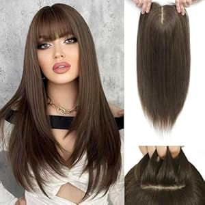 Hair Toppers for Women Real Human Hair 8x8inch Hair Toppers for Women with Bangs 16inch Skin Scalp Big Base Cover Thinning Hair or Hair Loss Top Hair Pieces Wiglets Remy Hair Topper