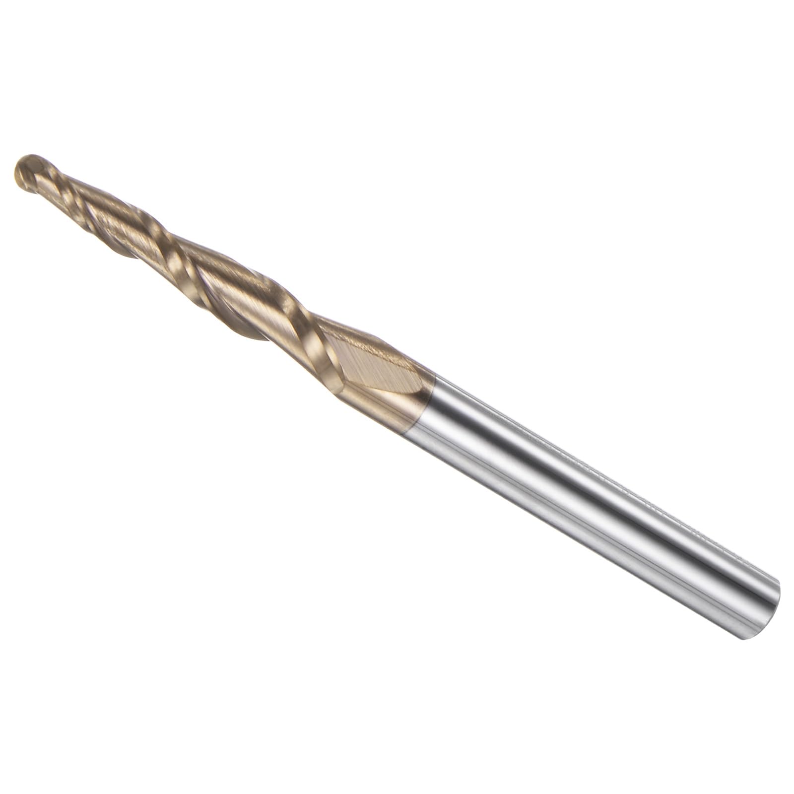 Fraise à Bout Sphérique Conique, Rayon 1,5 mm, Queue 6 mm, Angle 6,08 Degrés, Carbure Micro-Grain Revêtu de Tisin, 2 Flûtes - (Applications : Acier Inoxydable, Acier Trempé)