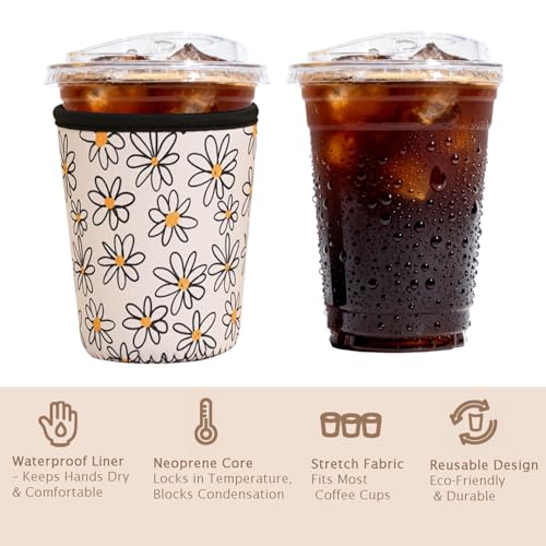 Image of Reusable Insulated Sleeve for Iced Coffee Cup, 3-Pack Coffee Neoprene Drink Sleeve for Cold & Hot Drinks, Beverage Holder for Iced Coffee (Line Daisies)