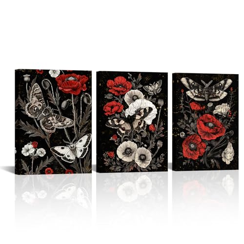 RnnJoile Moth Art Wall Decor Red and Black Wall Pictures