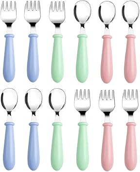 Pimoys 12 Pieces Toddler Utensils Kids Silverware Set Baby Forks and Spoons, Stainless Steel Childrens Safe Cutlery with Round Handle for Self Feeding, Dishwasher Safe