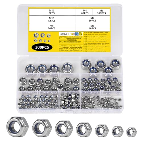 300 Pièces Ecrou M3 M4 M5 M6 M8 M10 M12 Inox, Écrou Nylstop en Acier Inox DIN 985, Écrous Autobloquants, Écrous Hexagonaux en Acier Inoxydable, Ecrous de Blocage pour Vis Boulons Tiges Filetées