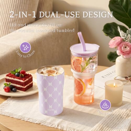 Image of YOME 20oz Purple Bow Insulated Glass Tumbler with Lid & Straw for Women Gift| Stainless Steel Iced Coffee Cup | Keep Drinks Cold |Cupholder Friendly |Ideal for Iced Coffee, Smoothies & Boba