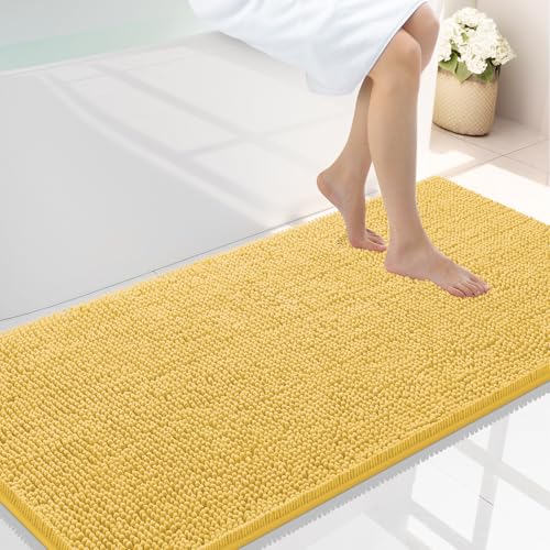 Smiry Luxury Chenille Bathroom Rugs 47x24, Extra Soft and Absorbent Shaggy Bath Mat, Machine Washable, Non-Slip Plush Carpet Runner for Tub, Shower, and Floor, Home Decor Accessories, Yellow