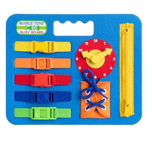 Image of Buckle Toys Busy Board - Montessori Learning Toy for Toddlers Kids Road Trip Activies - Foam Sensory Board - Develop Fine Motor Skills - Blue