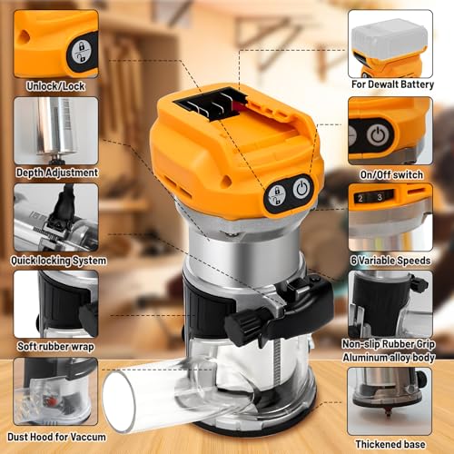 Cordless Wood Palm Router for Dewalt 18-21V Battery, 800W 30000 RPM Brushless Handheld Palm Routers with 6 Speeds for Woodworking Hand Edge Trimmer with 15pcs 1/4" Shank Router Bits 4 Cordless Wood Palm Router for Dewalt 18-21V Battery, 800W 30000 RPM Brushless Handheld Palm Routers with 6 Speeds for Woodworking Hand Edge Trimmer with 15pcs 1/4" Shank Router Bits - Image 4