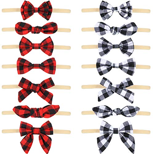 14 Pieces Plaid Headband Nylon Bows Elastic Hair Accessory for Girls, Black White and Black Red
