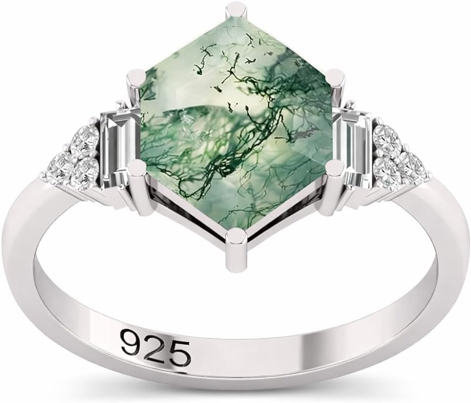 Natural Moss Agate Hexagon Ring 925 Sterling Silver, Handmade Nature-Inspired Gemstone Ring for Women Hypoallergenic Promise or Engagement Jewelry 8×11 mm 2.50 Carat