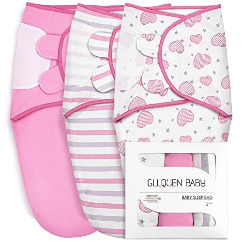 Image of GLLQUEN BABY Swaddle Blankets for Baby Girl, Rose Pink Heart & Stripes, 3 Pack Wrap Set, Newborn Adjustable Swaddles Sleep Sack, 0-3 Months (Small/Medium)