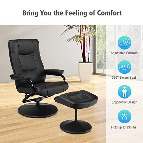 Giantex Recliner Chair W/Ottoman, 360 Degree Swivel Pu Leather Armchair W/Footrest, Leisure Lounge Chair W/Leather Wrapped Base, For Home Living Room, Black #TOP5