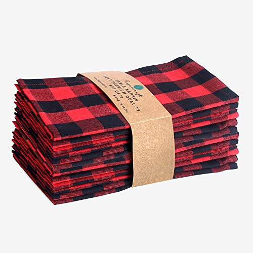 Image of FINGERCRAFT 100% Cotton Cloth Napkins Set of 12 - 20x20 Inch (50x50 cm) Reusable Soft & Absorbent Gingham Check Dinner Table Napkins (Red Black Check, Set of 12)