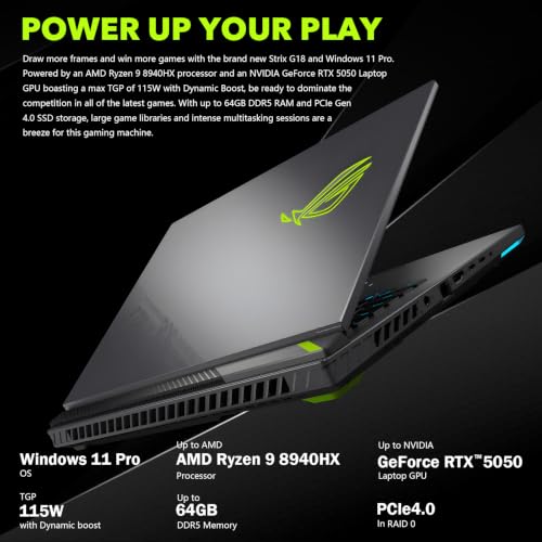 Image of ASUS ROG Strix G18 Gaming Laptop, 18 inch FHD+ 16:10 IPS ROG Nebula 144Hz, AMD Ryzen 9 8940HX, NVIDIA GeForce RTX 5050, 64GB DDR5 1TB M.2 PCIe SSD, WiFi 6E, RGB Backlit KB,Windows 11 Pro w /Designed Mouse