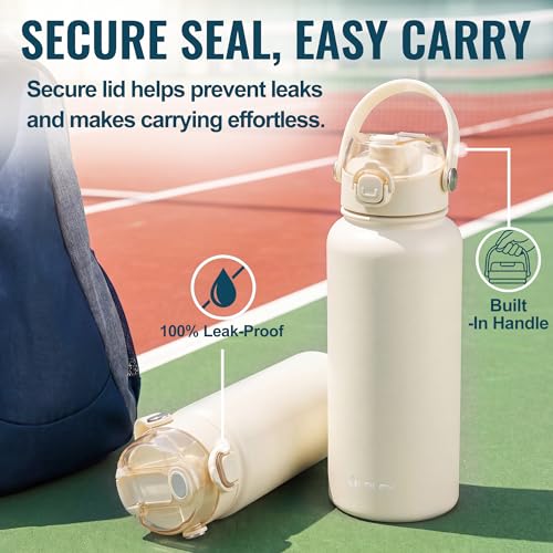 Image of OLDLEY 32oz Insulated Water Bottle with 2-in-1 Straw & Chug Lid, Leakproof Stainless Steel Bottle, Double Wall Vacuum Insulated Water Bottle for Sports, Gym, Travel,Ivory