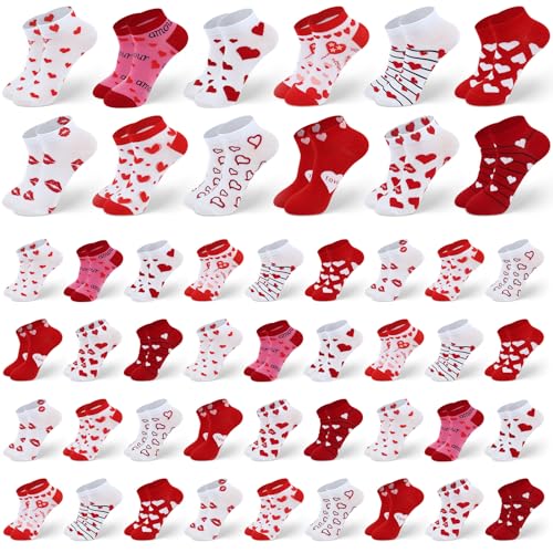 Image of Short Valentine Heart Socks for Women, Red Pink White Heart Ankle Crew Low Cut Galentines Socks Bulk for Women